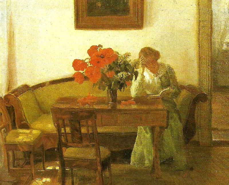 Anna Ancher valmuer pa et bord foran en lasende dame oil painting image